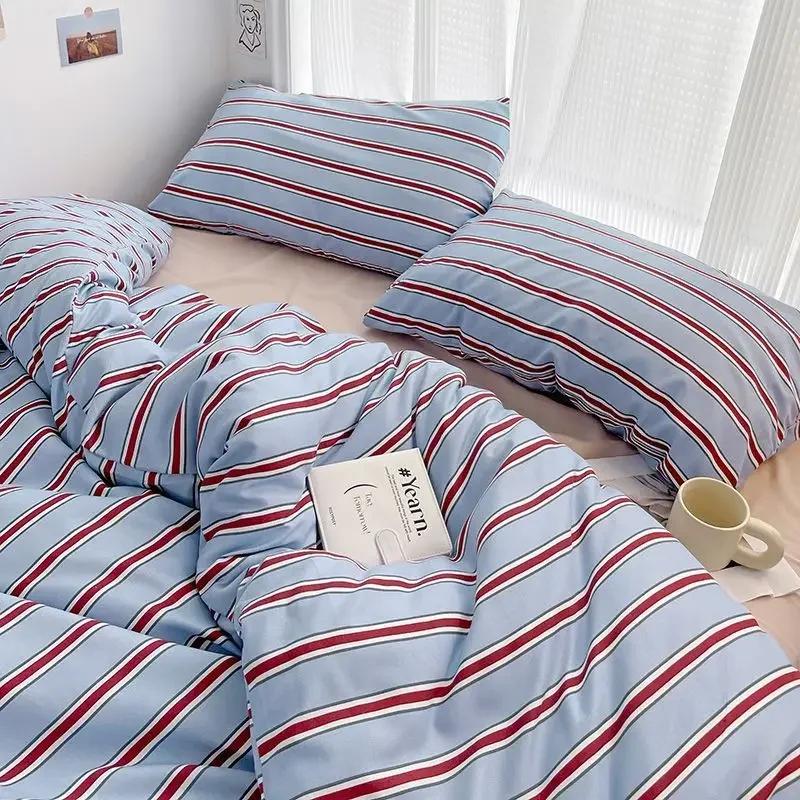 

Simple Style Red And Blue Strip Duvet Cover Set Bed Sheet Set Washed Cotton Bedding Set 1.5x2m 3pcs