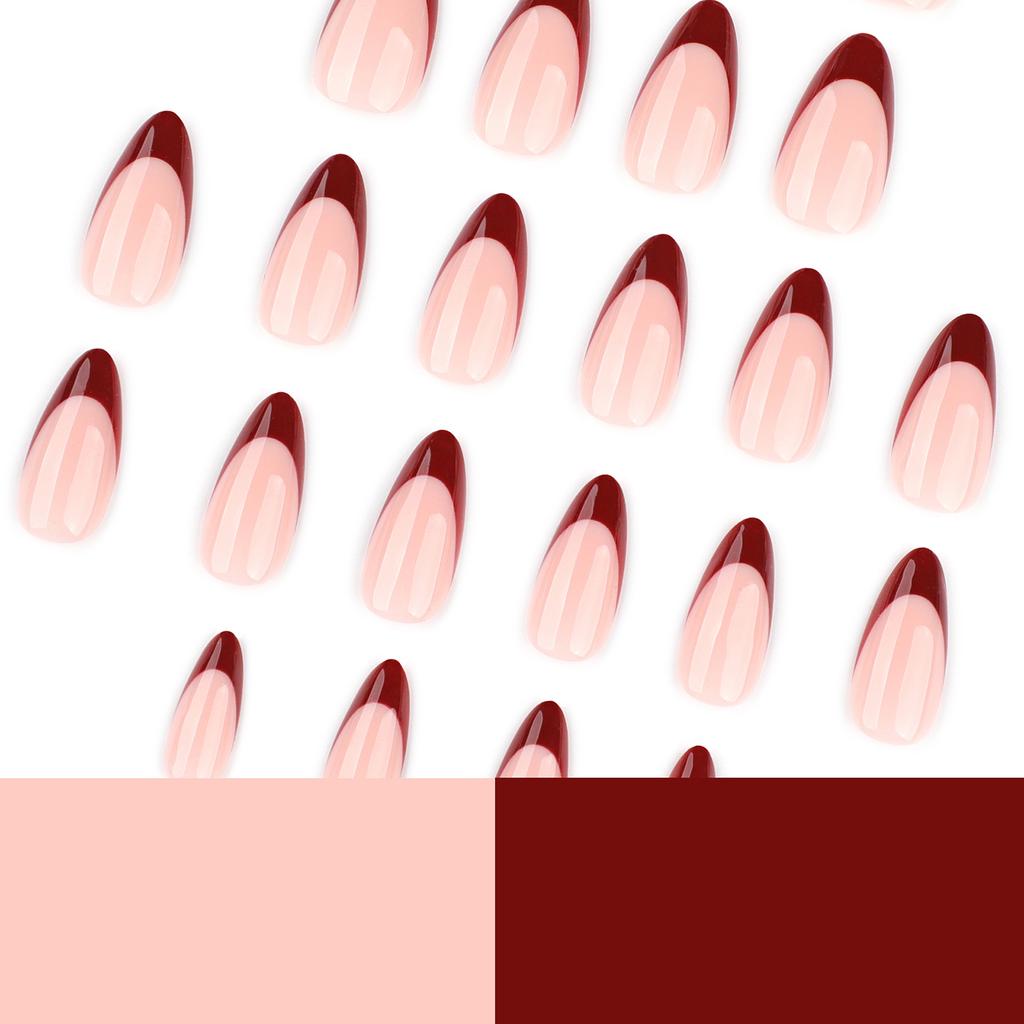 24Pcs French Wine Red Almond Press On Nails Durable Scratch Resistant Manicure Tool For Party Wedding Daily Use