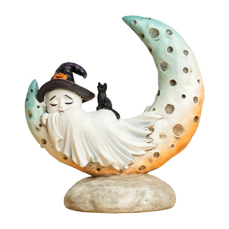 Unique Witch Ghostly Lying On Moon Statue with Base Tabletop Shelf Ornament Mystical Moon Theme Resins Sculpture Gift