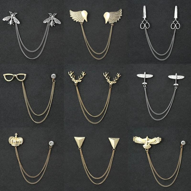 

Модная джентльменская брошь-кисточка для мужского костюма, воротника рубашки, очков, цепочка с головой оленя, лацкан, металлические ретро-свадебные аксессуары