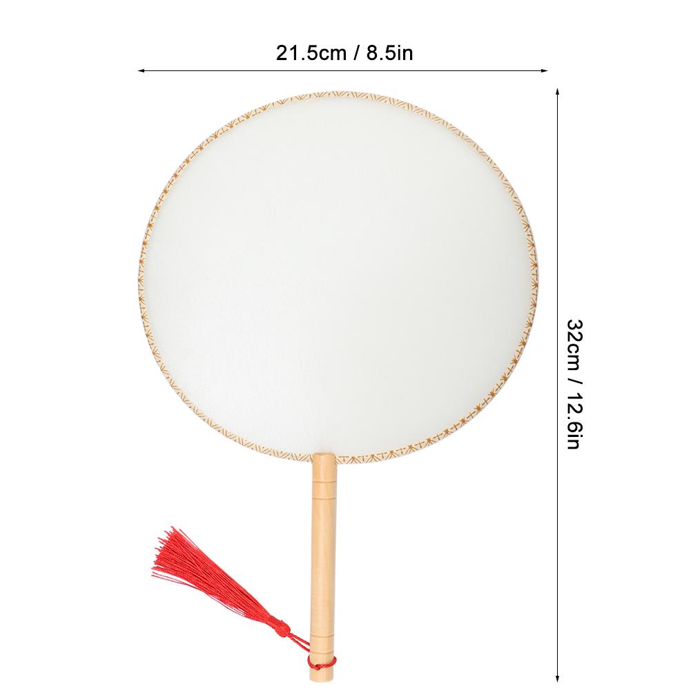 Classical Wooden Handle Round Silk Classical Fan Tassel Handle Fan Gift Decoration(Round wooden handle white silk cloth )