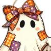 Halloween Theme Pendant Cute Bow Ghost Door Sign, Wooden Patchwork Hanging Plaque with Pumpkin Candy Basket, Party Background Decor Retro Wall Lanyard