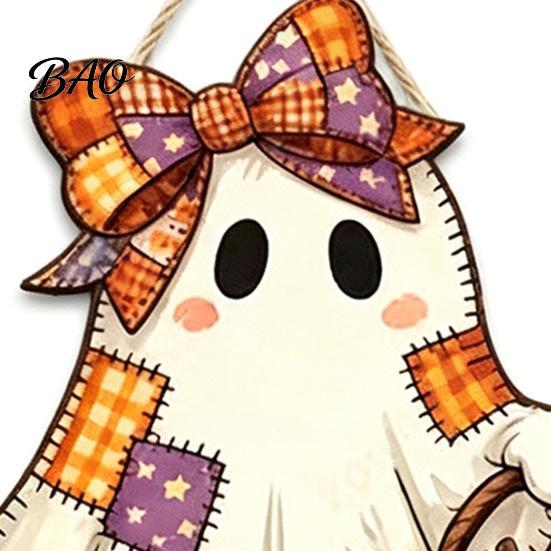 Halloween Theme Pendant Cute Bow Ghost Door Sign, Wooden Patchwork Hanging Plaque with Pumpkin Candy Basket, Party Background Decor Retro Wall Lanyard