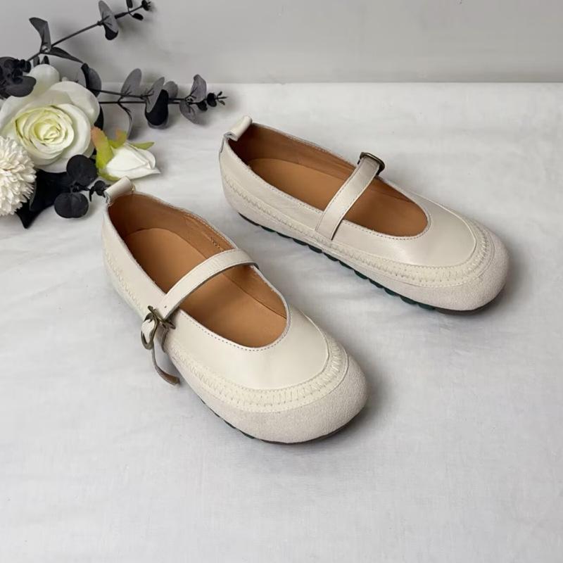 

Johnature Натуральная кожа Мягкая подошва Ретро Женская обувь Универсальный Круглый носок Пряжка ремня Балетки 40