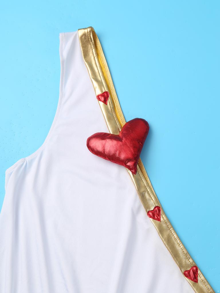 Mens Heart One Shoulder Romper Detachable Sleeves One Piece Bodysuit Costume