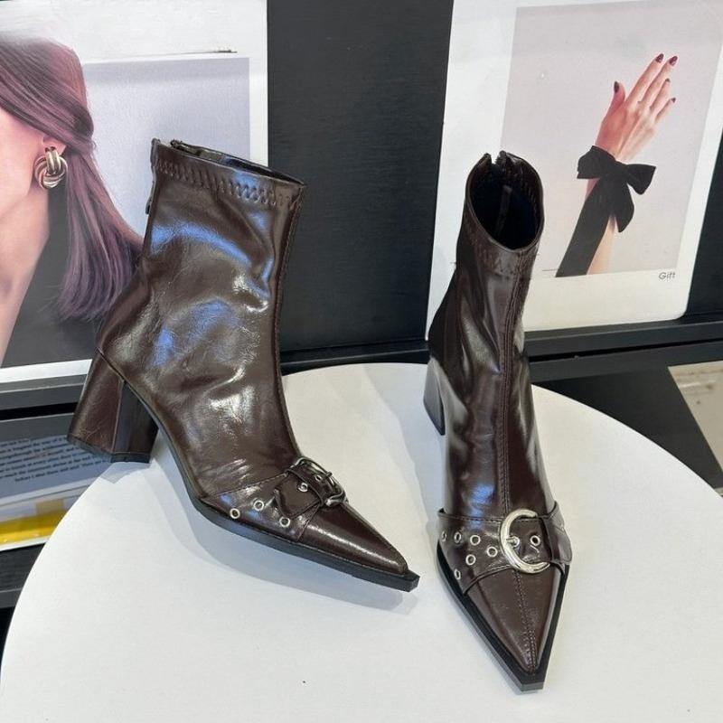 

French Temperament Pointed Toe Booties for Women Autumn and Winter New Chunky Heel High top Back Zip Skinny 35