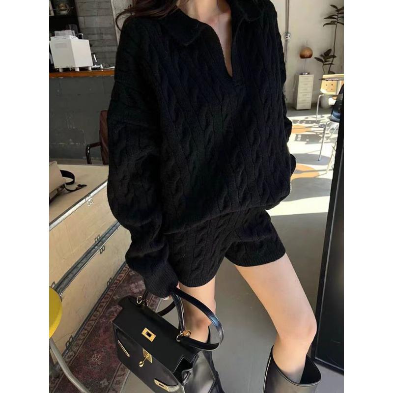 Elegant Fashion Autumn Winter Pullover Women Sweater Knitted Shorts 2 Two Piece Sets Loose Office Outfits Lapel Casual Long Sleeve Tops
