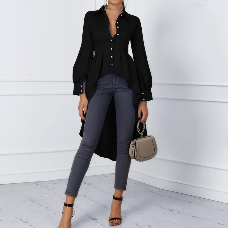 ZANZEA Dámská halenka s límečkem s klopami, dlouhým rukávem, asymetrickým lemem ve tvaru A