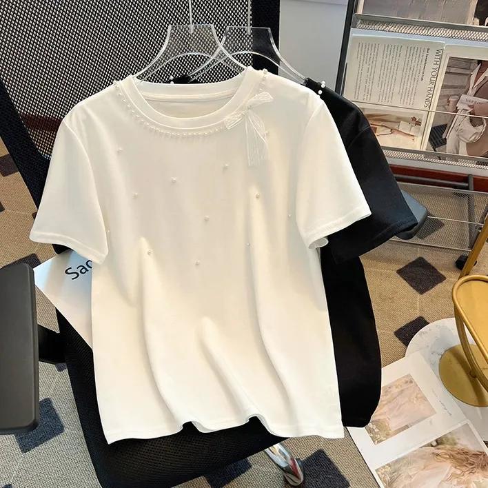 Sweet Bead Bow Short-sleeved T-shirt for Women In Summer Korean Style Versatile Top
