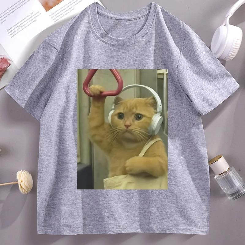 Funny Subway Cat Meme TShirt Stupid Brainrot Cat Lover Funny Tee Cool Short Sleeve Streetwear Women Summer Aesthetic Clothes