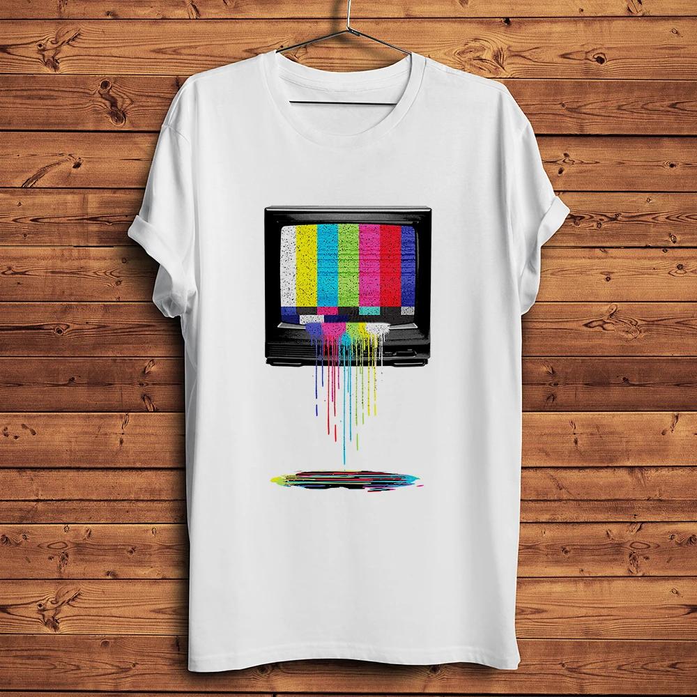 Vintage Melted Rainbow Tv Screen Funny Geek TshirtHomme Unisex White Short Sleeve Casual T ShirtUnisex Tee Streetwear Breathable