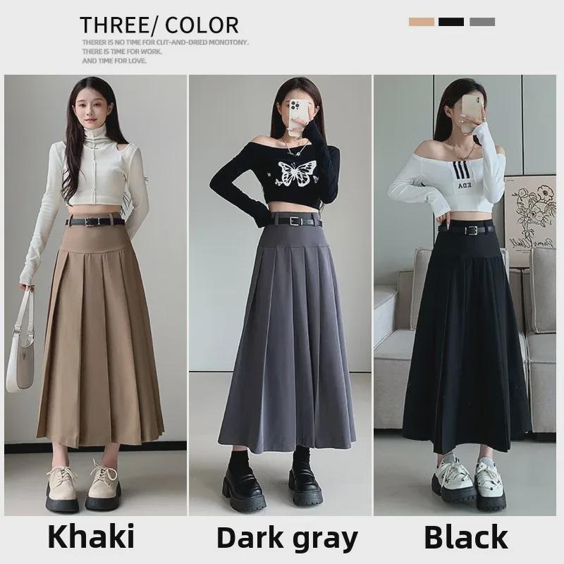 Autumn Women's Belted A-Line Pleated Skirt - New Slim Fit, Hip-Covering, Draped Style