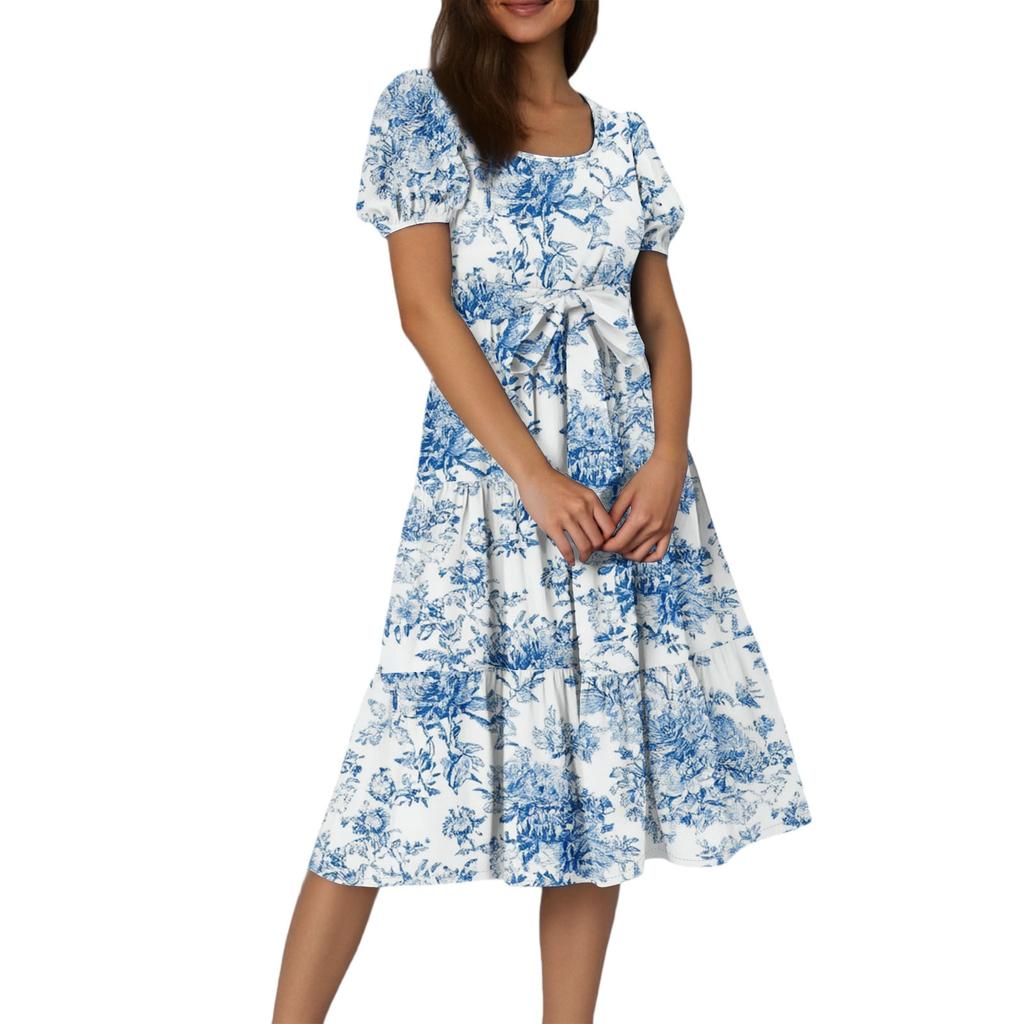 Women's Summer Floral Print Short Sleeves Neck Waistband Bohemian Flowy Maxi Dress With Pockets