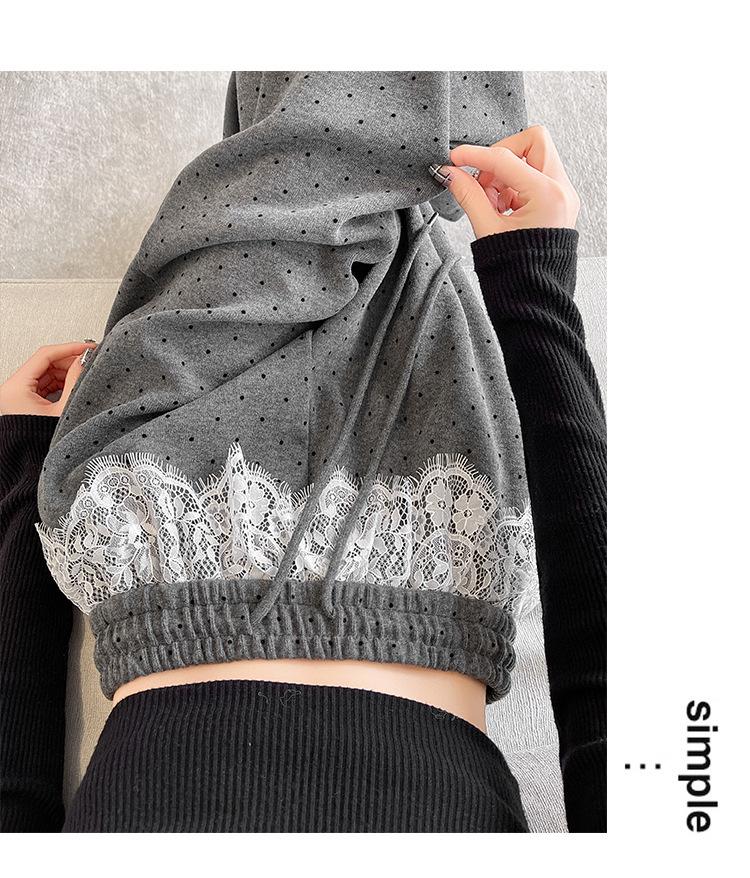 Women's High-Waist Black Polka Dot Lace Trim Wide-Leg Sporty Pants for Spring