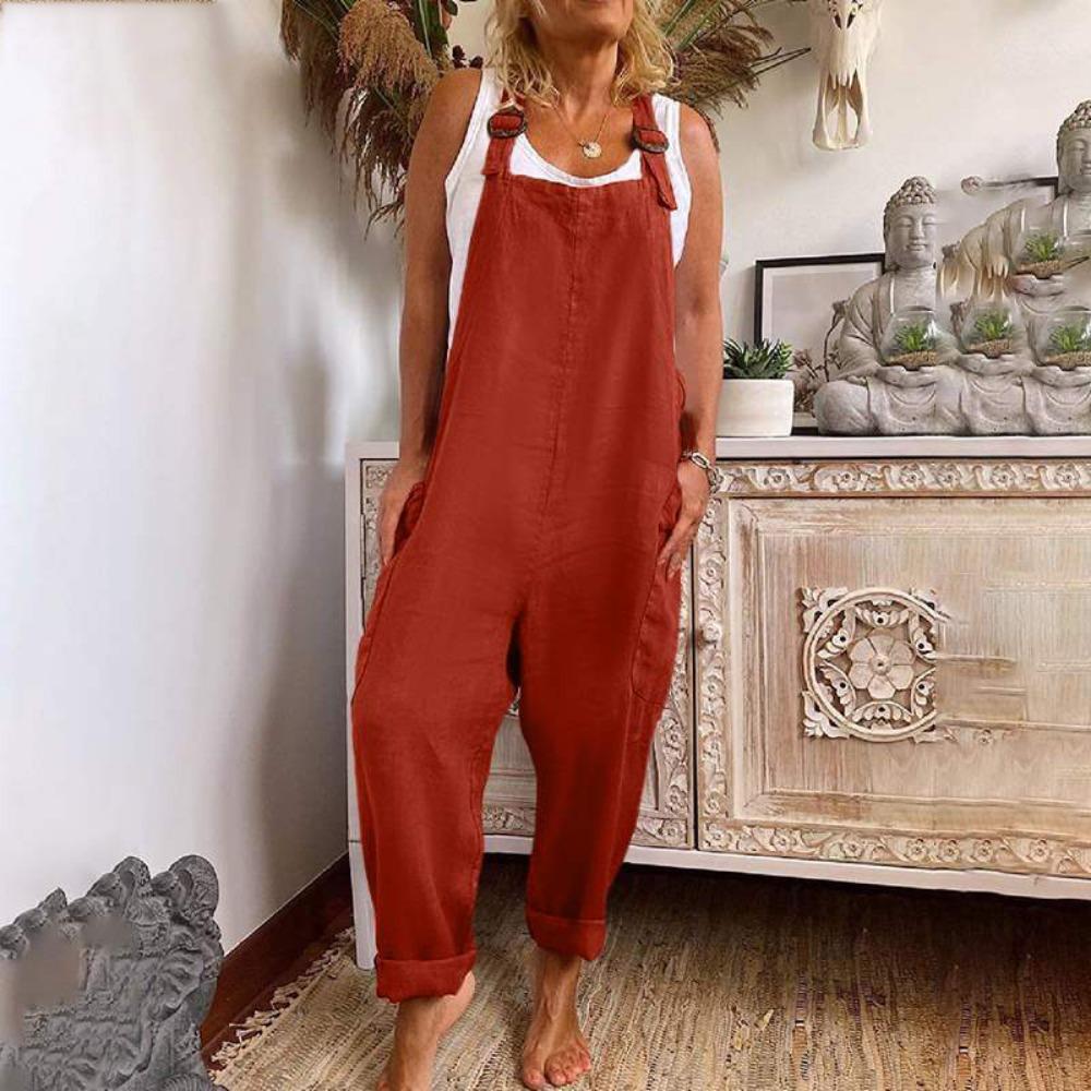 Damen ärmellos verstellbarer Träger lockere Passform Leinen Latzhose Hohe Taille Weiter Bein Jumpsuit