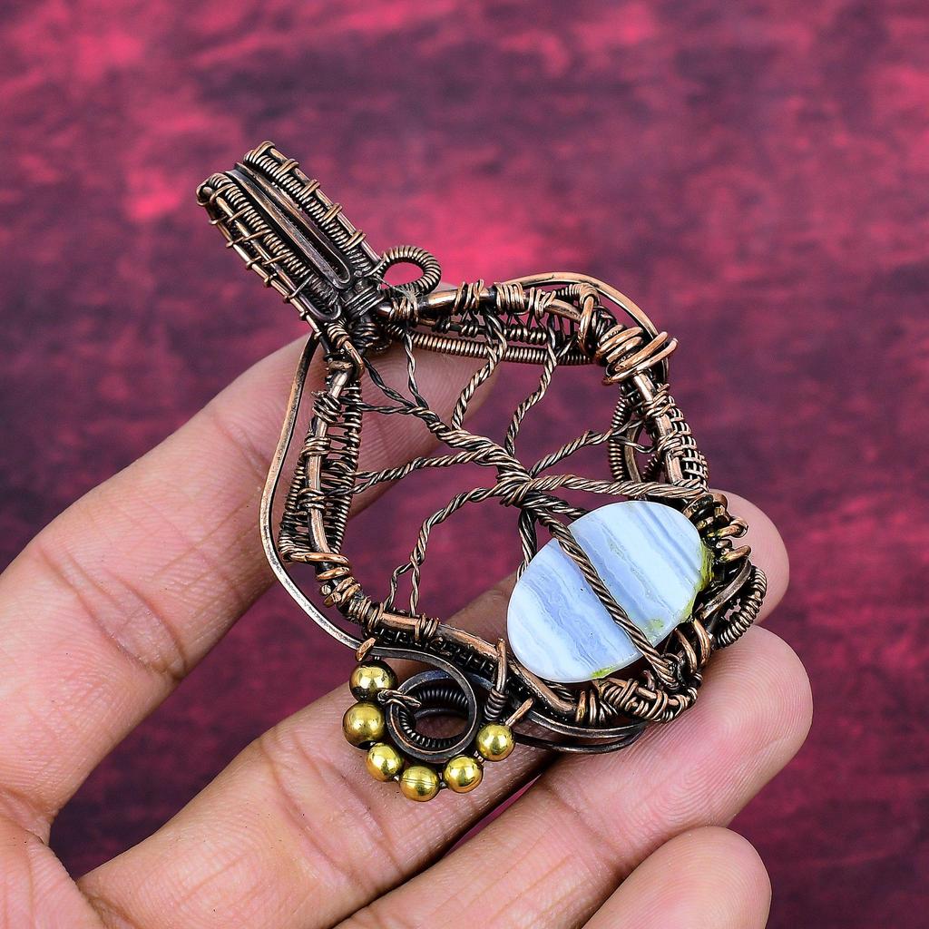 Tree Of Life Blue Lace Agate Pendant Copper Wire Wrapped Pendant Genuine Gemstone Jewelry