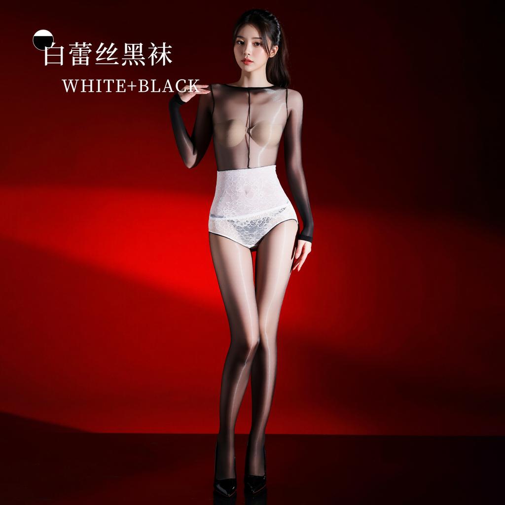 Women's Lace Briefs Back-Open Bodysuit with Bells, 1D Aurora Seamless Full-Body Stockings, Glossy Silky Sexy Lingerie, HH000213