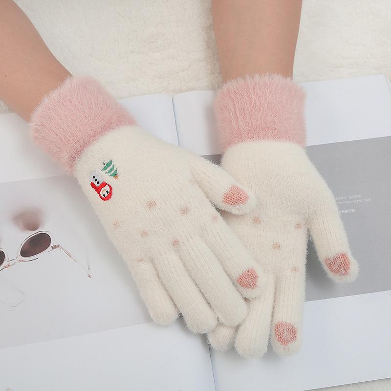 Touch screen gloves women's autumn and winter cute knitted cartoon plush thickened wool finger gloves winter riding warm