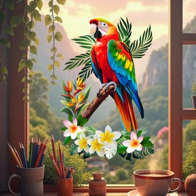 Tropical Parrots On Branch Window Clings Bird Flowers Palm Leaves Anti-Collision Glass Door Sticker Removable Waterproof Static PVC Decals