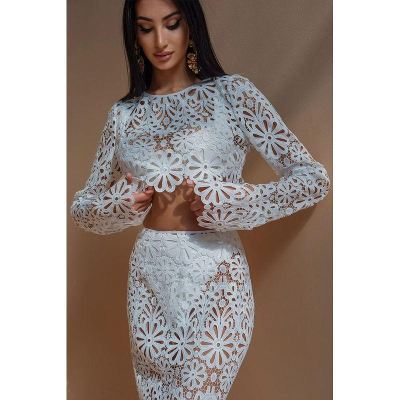 Slim Cut Lace Top and Skirt Set Slim Fit Hollow Lace Top and Skirt Sets