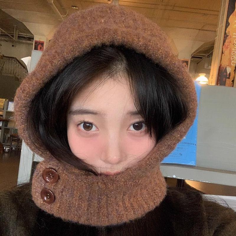 Women's Autumn Winter Cycling Large Head Circumference Wool Hat Warm Ear Protection Scarf Integrated Knitted Hat