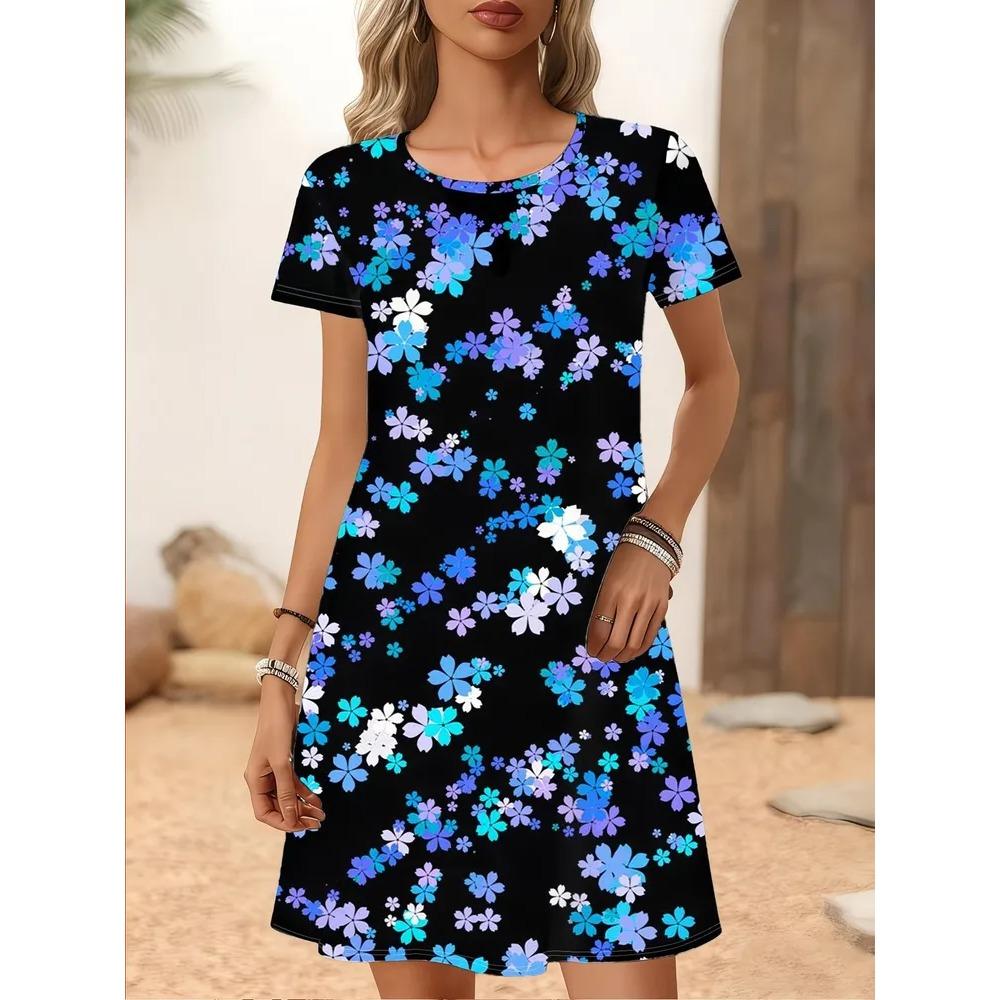 Creative Retro Colorful Flowers Patterns Women Mini Dresses Summer Short Sleeve Printed Plus Size Casual Comfortable Soft Dress