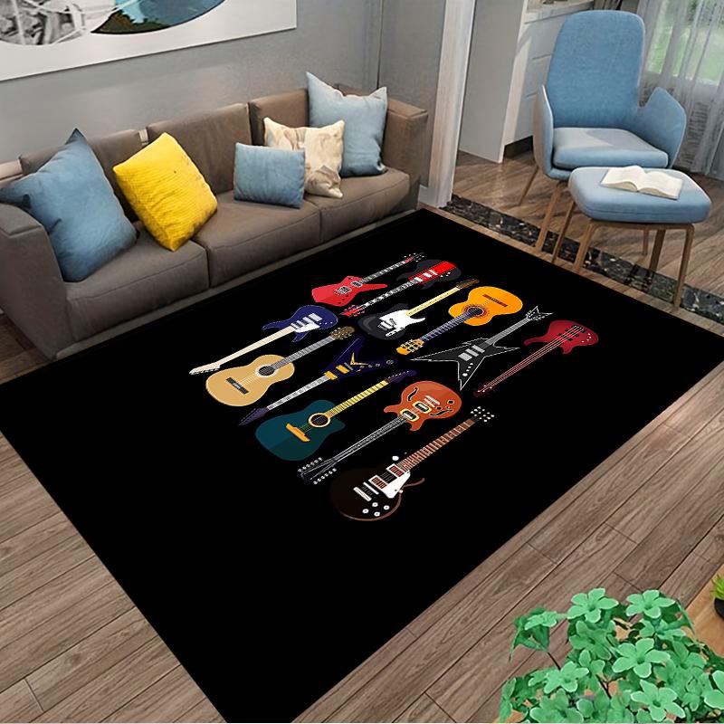 Colorful Guitar Pattern Carpet for Music Lovers, Black Background Design Suitable for Use As an Anti-slip for Living Room Bedroom Sofas