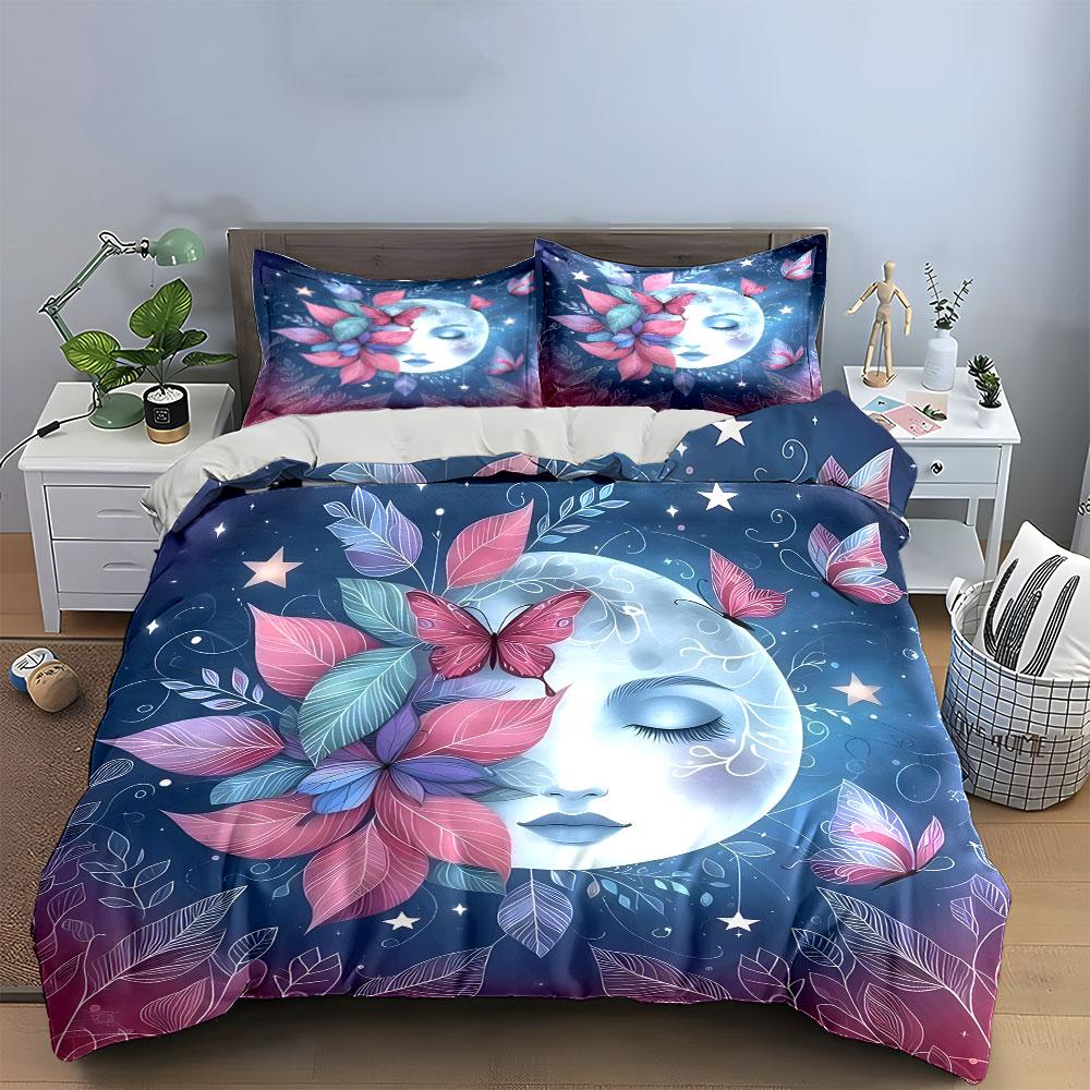 "Floral Moon and Butterfly Design" Exquisite Three-piece Bedding Set Gift for Kids and Adults