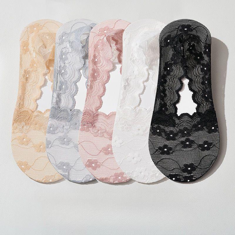 

Кружевные носки-лодочки для женщин, летние, тонкие, с ажурной дышащей нескользящей подошвой, не дающей пятке упасть, короткие носки из кружевной сетки 5 pairs