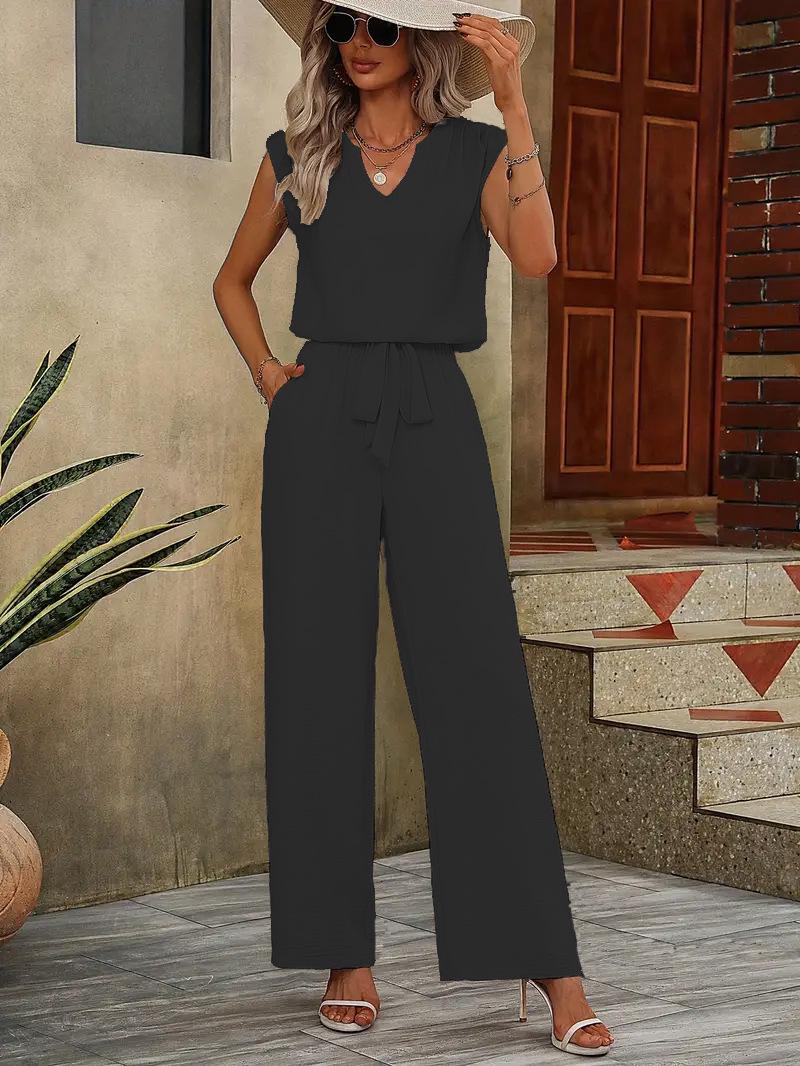

2026 Summer Sleeveless V-Neck Loose Top + Tie-Waist Wide-Leg Pants Set S чёрный