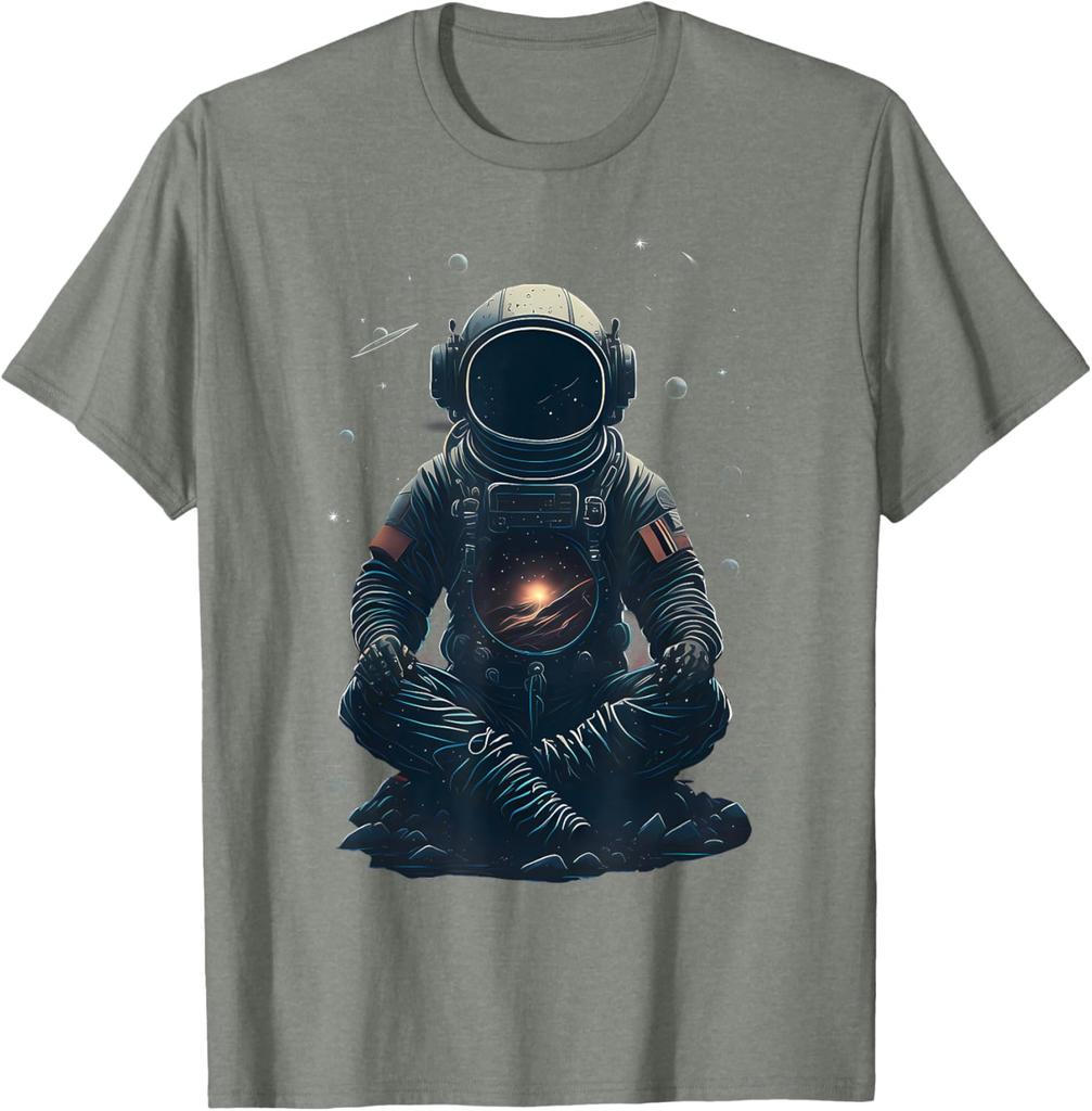 Meditating Astronaut Galaxy Print Casual Cotton Short Sleeve Graphic Tee for Men