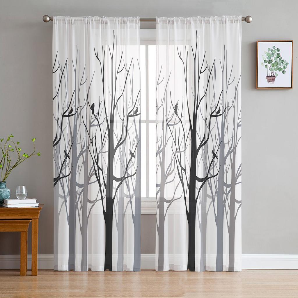 White Aspen Trees In Snow Tulle Window Curtains Living Room Organza Yarn Sheer Voile Curtain Bedroom Kitchen Home Decor Drape