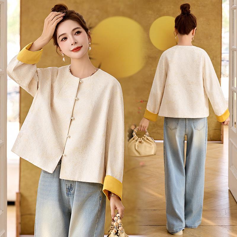 

Весна 2025 Новая китайская национальная жаккардовая куртка-кардиган с круглым вырезом и цветными блоками RX9216 XLarge 65-70 kg