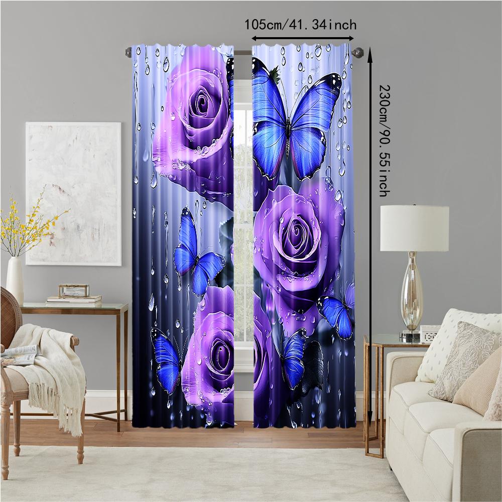 2Pcs Purple Rose Floral Print Curtains Artistic Decor For Bedroom And Living Room Polyester Rod Hole Machine Washable