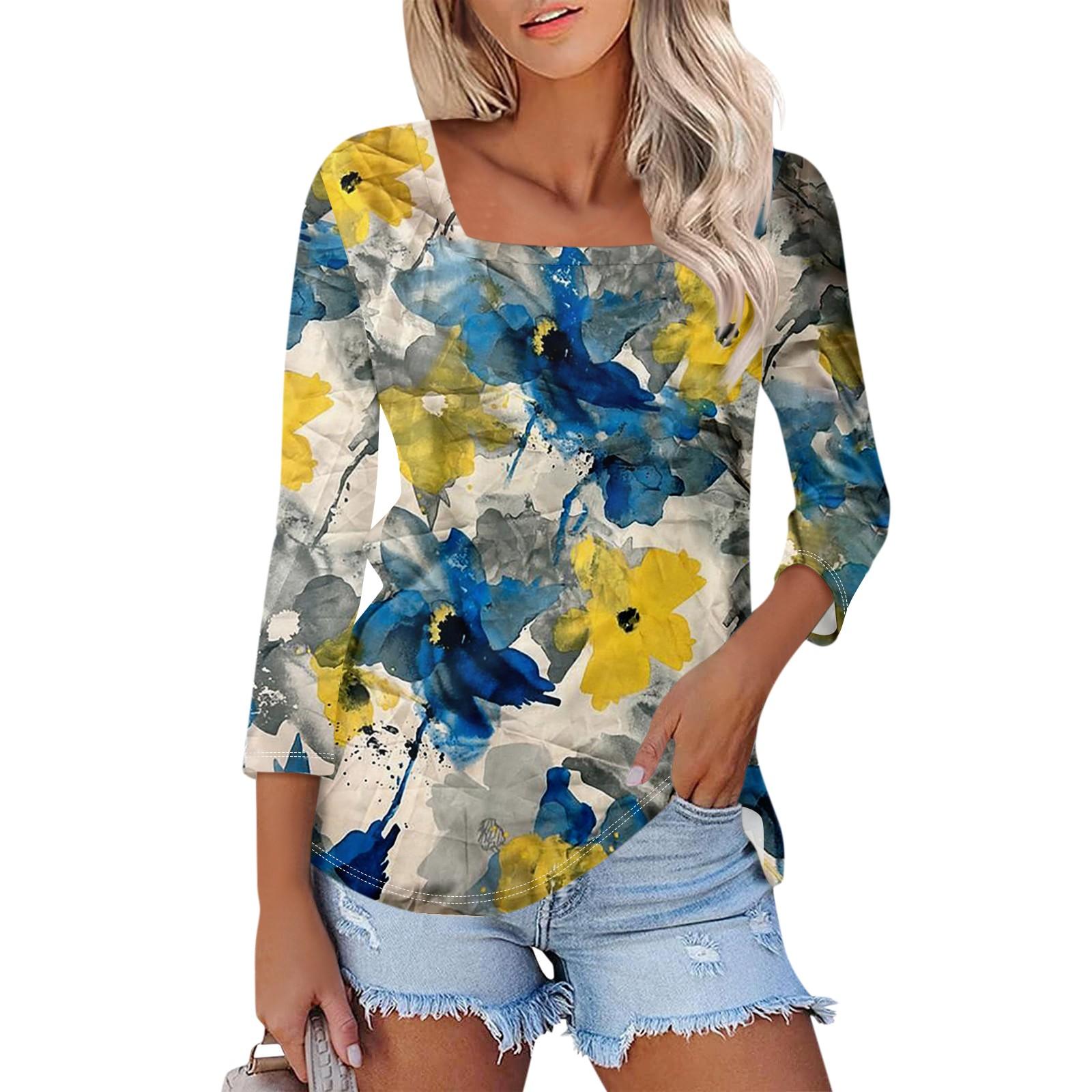 

Женская блузка с рукавом 3/4, квадратным вырезом и цветочным принтом, повседневная свободная туника XXL