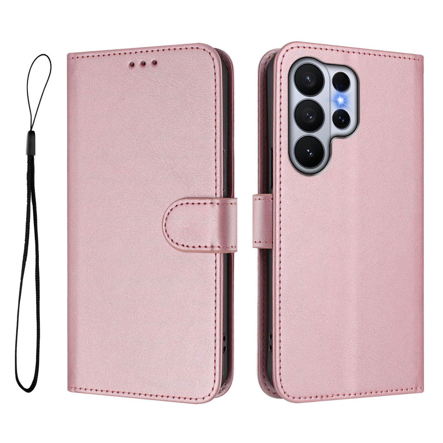 

For Samsung Galaxy S26 Ultra Wallet Case RFID Blocking Calf Texture Leather Stand Phone Cover with Strap