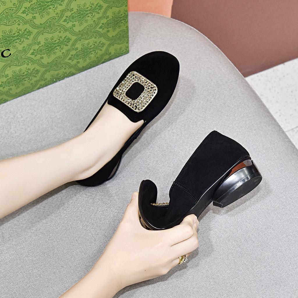 Round Head Women's Autumn Square Buckle Rhinestone Shallow Mouth Flats Black Sheepskin Small Single Shoes Lazy Shoes
