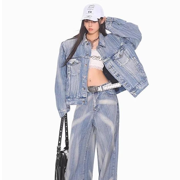 

Классическая джинсовая куртка с эффектом стирки: Свободный крой, Лацкан с карманом, Длинный рукав, Однобортный, Дизайн высокого класса. XL синий