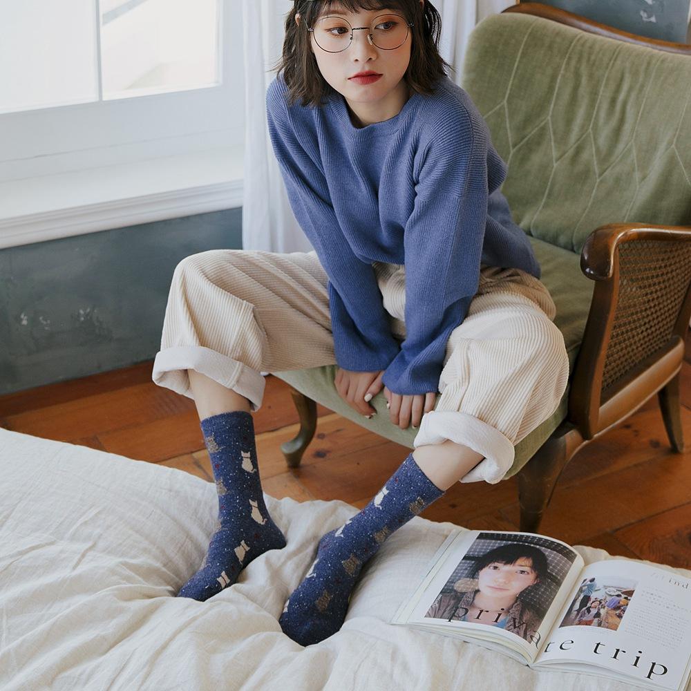 Women Socks Autumn And Winter Thicken Wool Middle Tube Socks Cute Cartoon Cat Printing Japanese College Style Loose Stockings