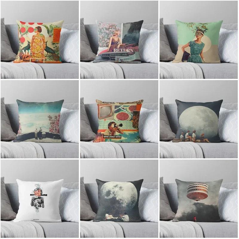 Royal blue yellow gray ink printing linen pillowcase sofa cushion cover home decoration can be customized for you 40x40 50x50