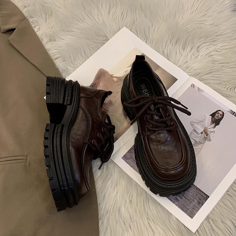 Thick-soled Heightening Loafers Women's 2025 New Spring and Autumn Women's Shoes Lace-up Round Head Single Shoes Popular British Small Leather Shoes
