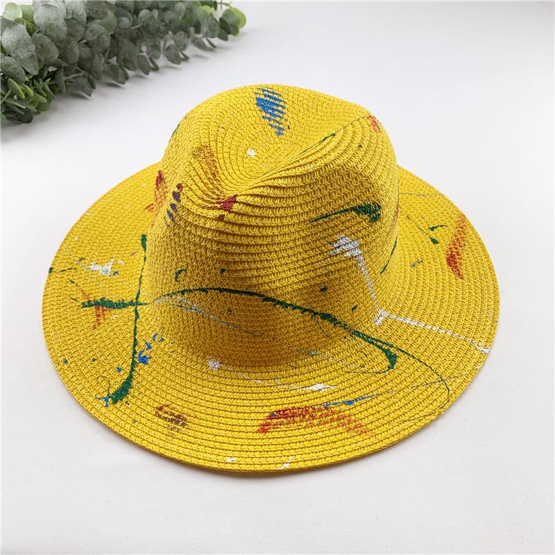 Handmade Graffiti Design Straw Hat Women'S Summer Fresh Grass Weaving Sun Shade And Sunscreen Hat Panama Jazz Sun Hat