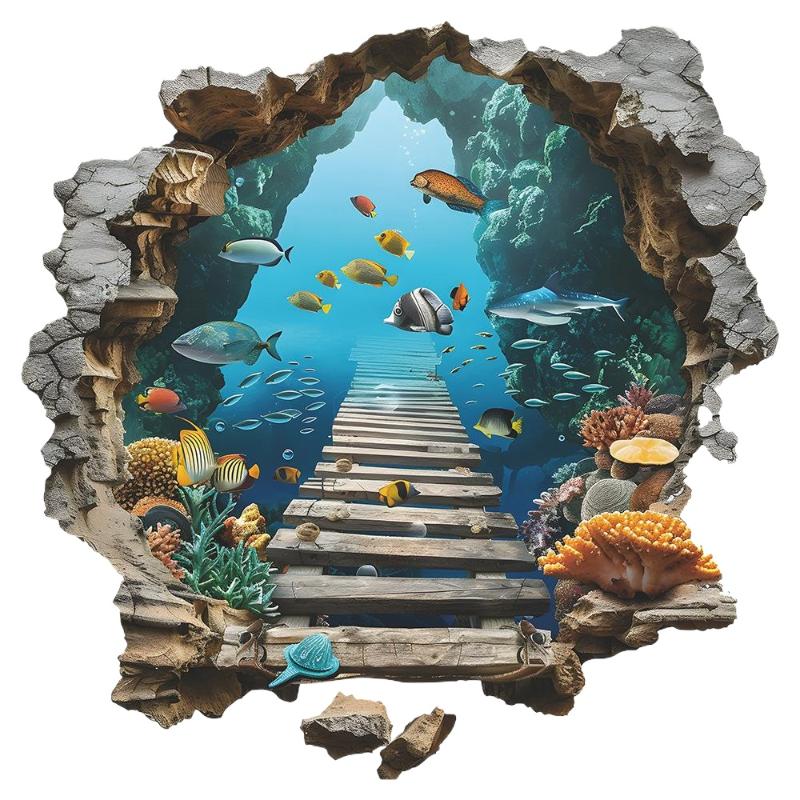 3D Wall Breaking Wall Stickers Living Room Wall Decor Boys Children s Room Underwater World Wall Stickers разноцветный