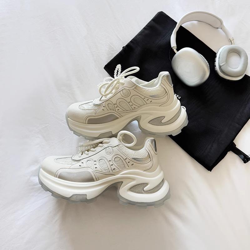 Real Soft Leather 2025 Spring and Summer New Breathable Silver Platform Lightweight Sports Shoes Casual Versatile Height Increase Dad Shoes Women