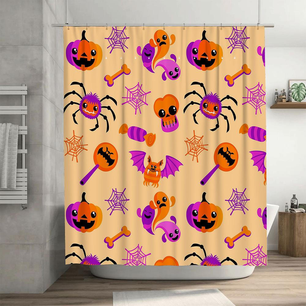 Halloween-themed Shower Curtain Featuring Spooky Pumpkins, Bats, and Spiders Perfect for Adding a Festive Touch To Your Bathroom