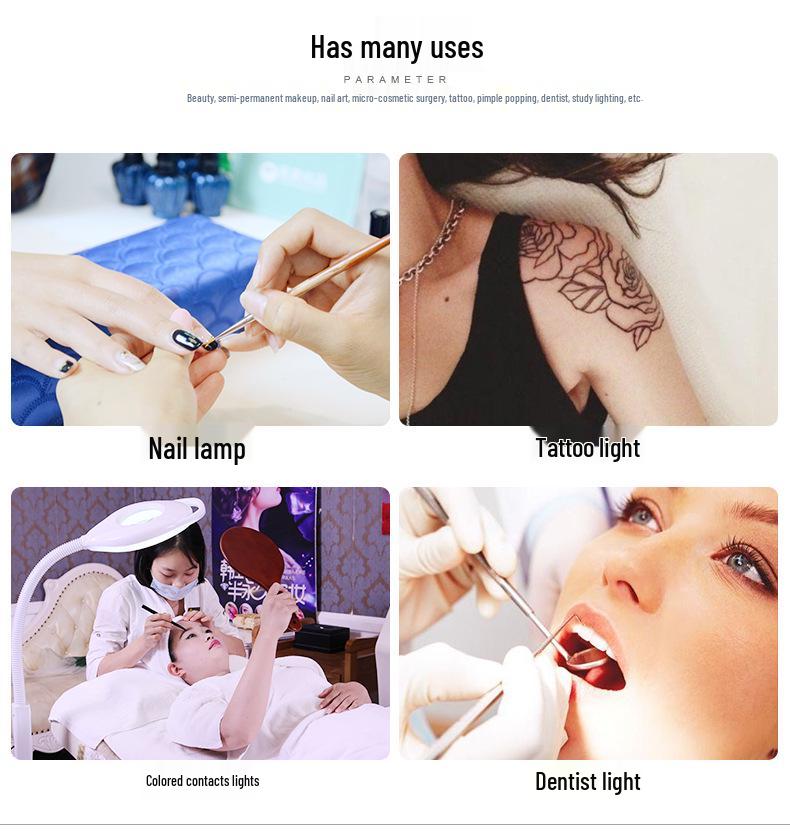 LED Beauty Salon Magnifying Lamp with Cold Light and Dimming Feature for Nail Art, Eyebrow Tattoo, and Shadowless Lighting.