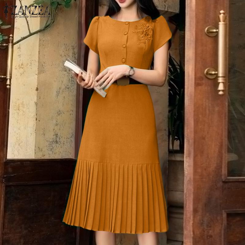 ZANZEA Damen Lässig Blumenstickerei Patchwork Sommer Kurzarmkleid