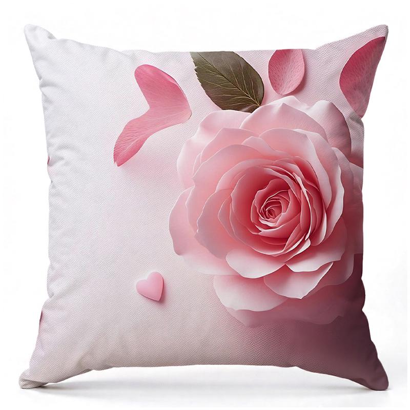 Różowa róża i płatki serca nadrukowane poszewki na poduszki kwadratowa poliestrowa poszewka na poduszkę, nowoczesna dekoracyjna poszewka na poduszkę na sofę