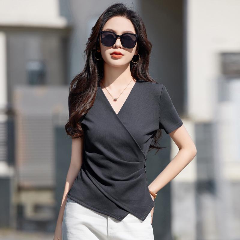 Summer Women's V-neck Slim Stretch Hundred Casual Irregular Hem Short Sleeve T-Shirt
