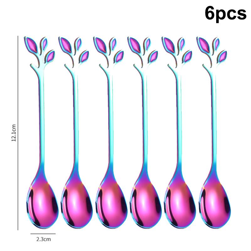 6Pcs Creative Personality Stainless Steel Gold Spoons Tree Leaf Spoon Coffee Spoon Tea Spoon Home Restaurant Dessert Cutlery Set